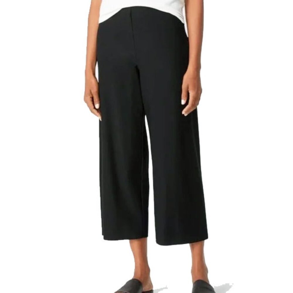 Eileen Fisher Petite Jersey Viscose Cropped Crepe Wide Leg Pants 12P Black